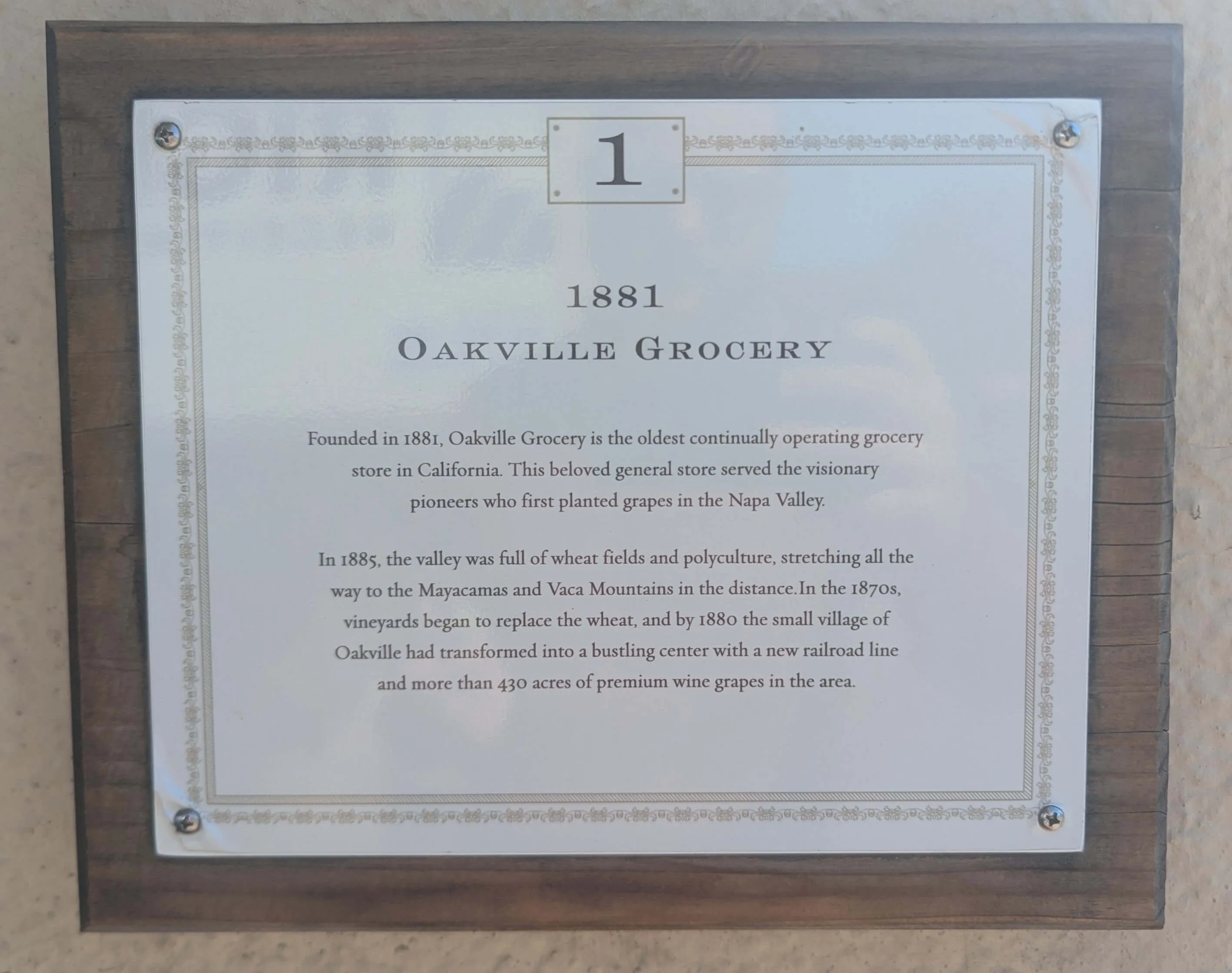 Informational sign 1 for Oakville Grocery in Napa Valley