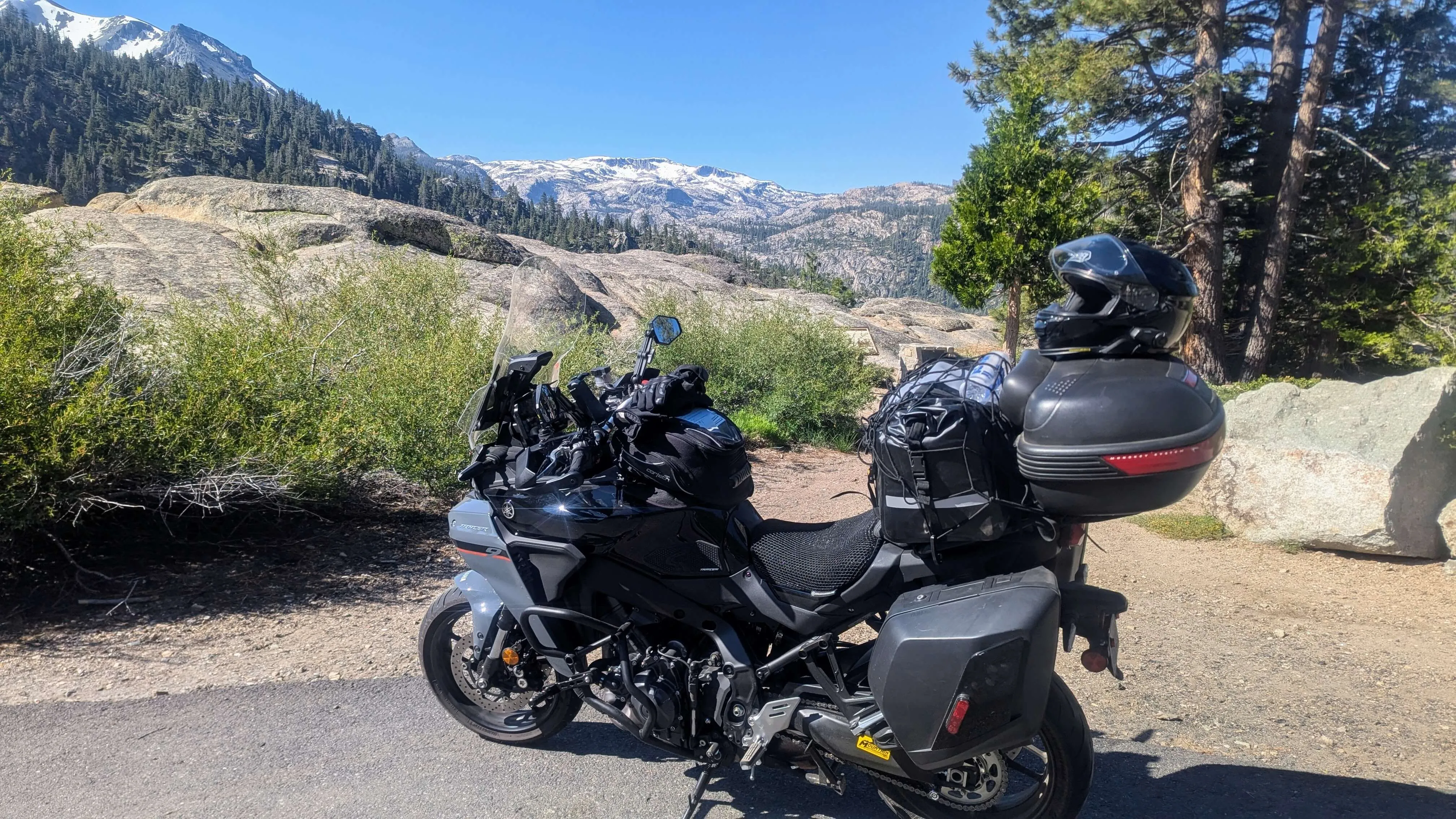 Motorcycle on Sonora Pass at the East Flange Rock stop